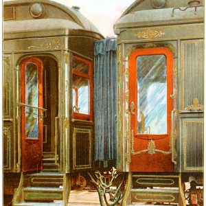 The vestibule connection between Pullman Palace cars reflects the craftsmanship, comfort, and enclosed elegance that defined luxury train journeys. Image source: Wikimedia commons open access.