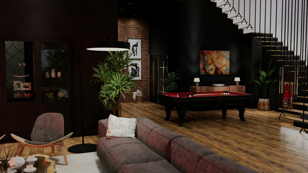 A moody modern interior where matte black surfaces and rich wood textures shape a bold, atmospheric take on contemporary industrial living.